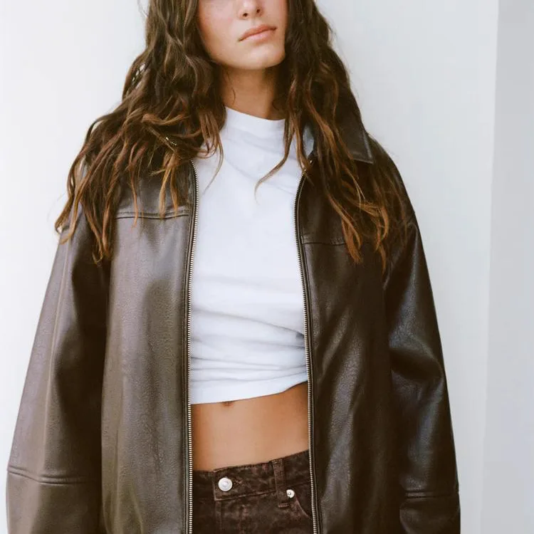 Frühling Neue Faionable Pilots Jaet frauen Leder Mantel PU Material Lange Sve Zipper Design Pendeln Sle Lose Fit