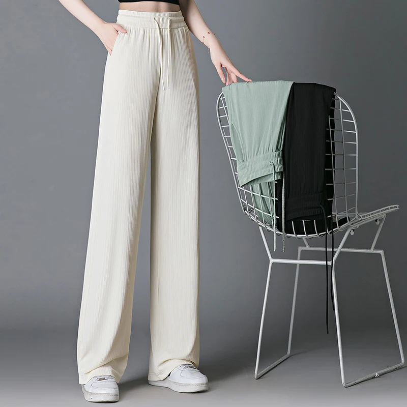 ใหม่เกาหลีรุ่นผ้าไหมน้ําแข็งขากว้างผู้หญิงฤดูร้อนกางเกงเอวสูงสบายๆอเนกประสงค์หลวมแฟชั่นกางเกงขาตรง