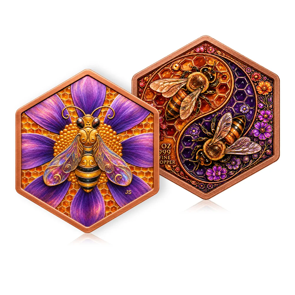 Hexagonal Bee Yin Yang 1 Oz .999 Fine Copper Coin High Relief Colorful Honey Bee Flower Art Challenge Coin Souvenir Decor Gift