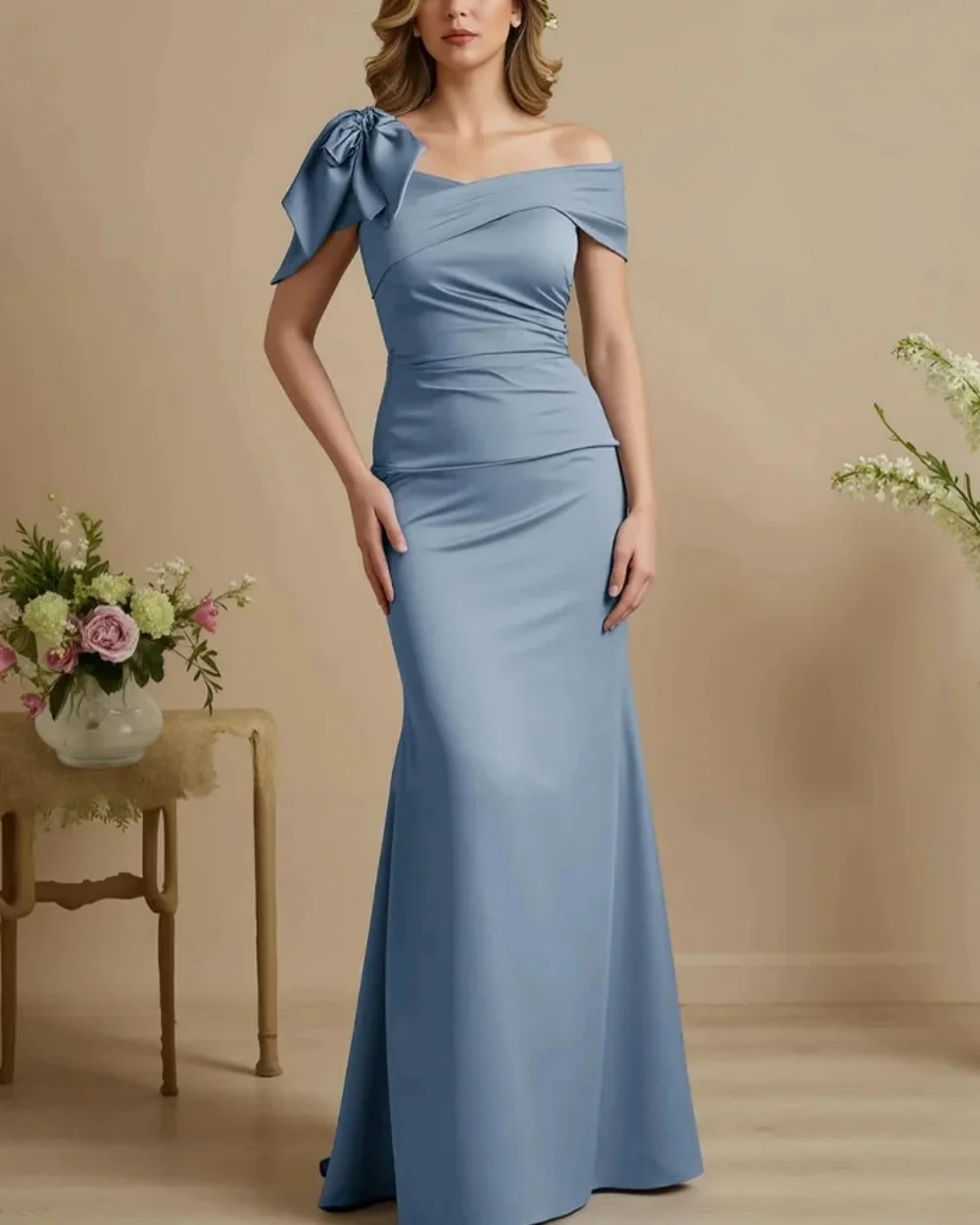 

Customized Simple Women Jersey Bow Ruched Mermaid Prom Dresses Formal Off-the-shoulder Sleeveless Floor Lenght Evening Dresses