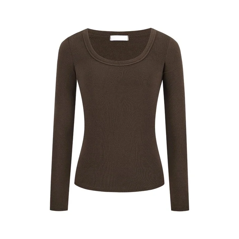 Outono inverno simples manga longa feminino base topos velo-forrado quente fino u-pescoço camisetas para mulher y2k coreano sólido casual camisetas