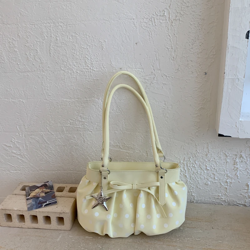 

Cute Polka Dot Pleated Shoulder Bag Women Bow Star Pendant Soft Fabric Handbag Sweet Daily Dating Tote Women's Handbags