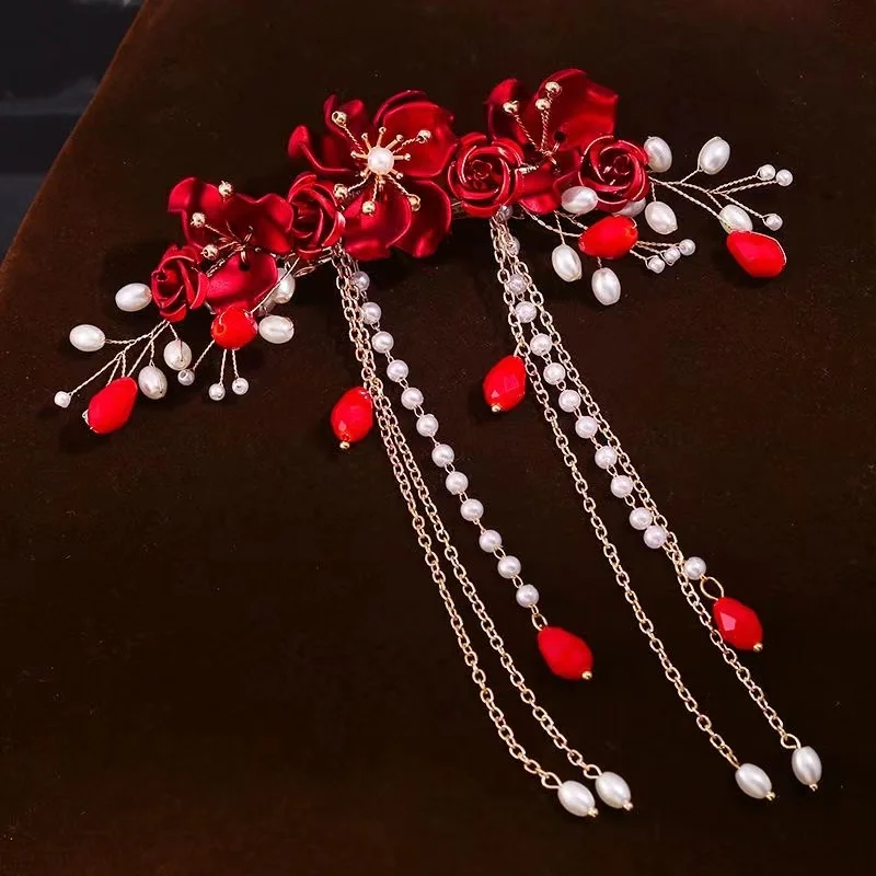 Chinese style hair clip bride bridesmaid wedding red hair clip elegant atmospheric hair accessories hair hoop