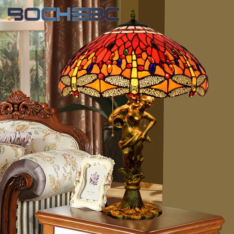 BOCHSBC Tiffany stained glass desk lamp retro style red festive dragonfly art deco living room study bedroom gift reading lamp