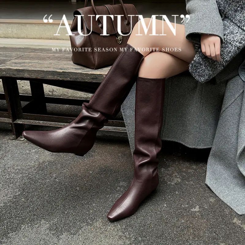 2026 new autumn winter women knee-high boots natural leather 22-24.5cm split leather square toe height increasing long boots