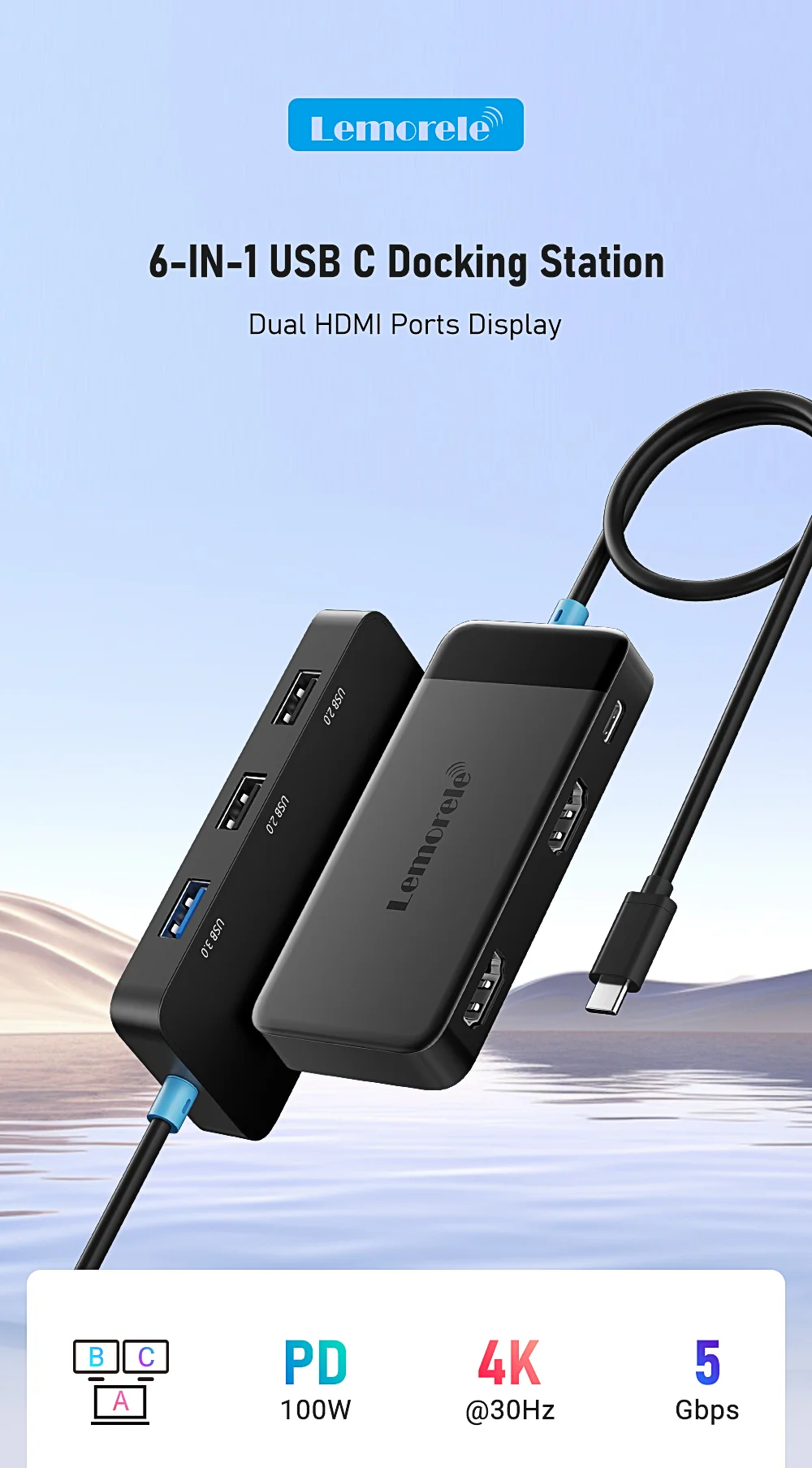 Lemorele TC122 6-in-1 USB-C-Hub 4K Dockingstation mit PD 100W Anschluss USB 3.0 Dual HDMI Adapter für MacBook Windows PC Monitor – Detail 1