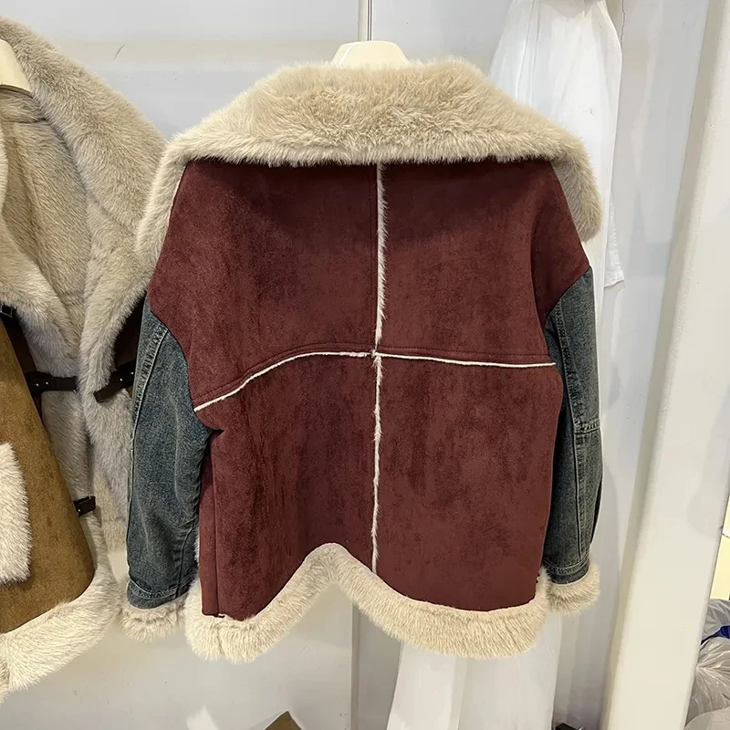 Chaqueta vaquera empalmada de terciopelo de piel de ciervo para mujer invierno nuevo terciopelo cálido piel integrada franjas de diferente Color prendas de vestir piel de imitación Coa