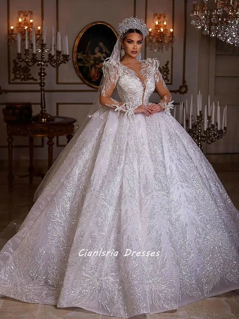 Robe De Mariée De Dubaï À Manches Longues, Princesse À Paillettes, Cristal  Brillant, Robe De Bal, Col Rond, Illusion De Perles, Arabie Saoudite - Robes  De Mariée - AliExpress