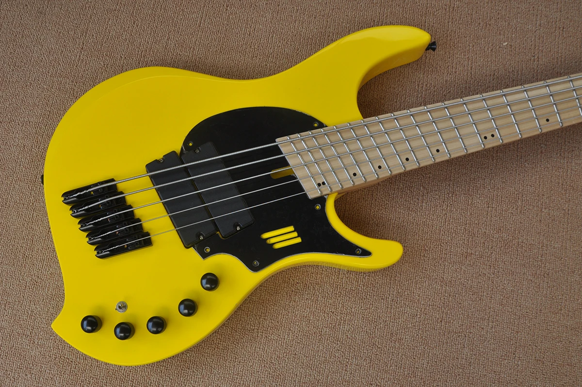Flyoung Wholesale Yellow 5 Strings Electric Bass Guitar Active Circuit Professional Performance Bass