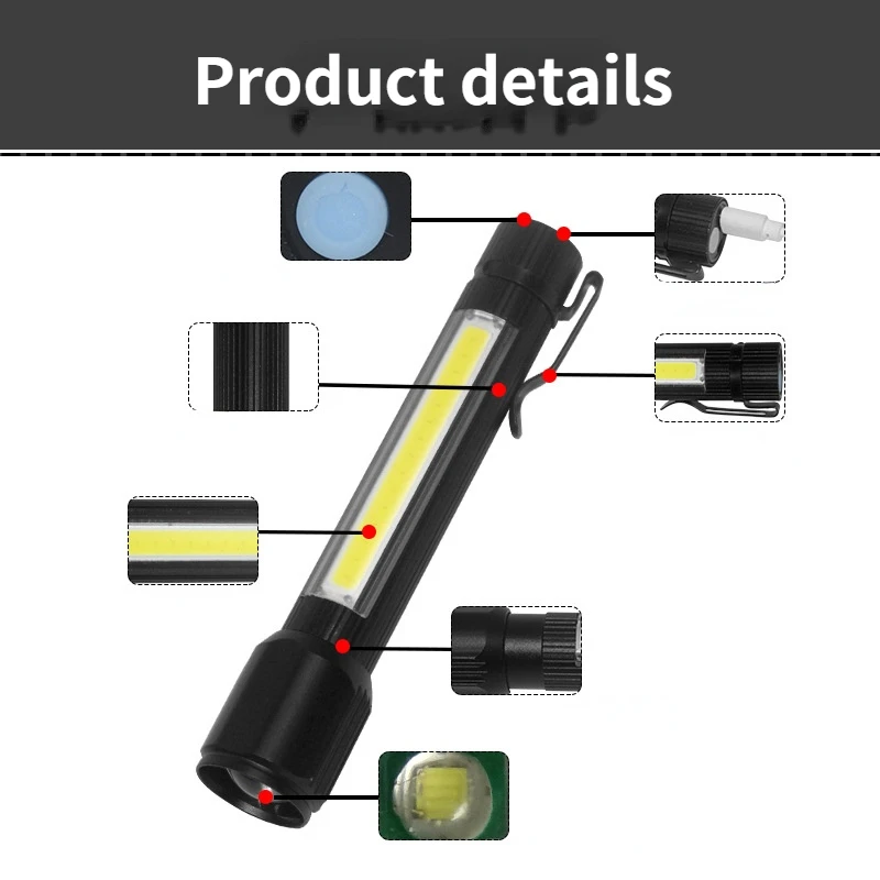 New LED Flashlight Strong Light Zoom Telescopic Dimming COB Side Light Portable Home Outdoor USB Charging Multi-function Torch