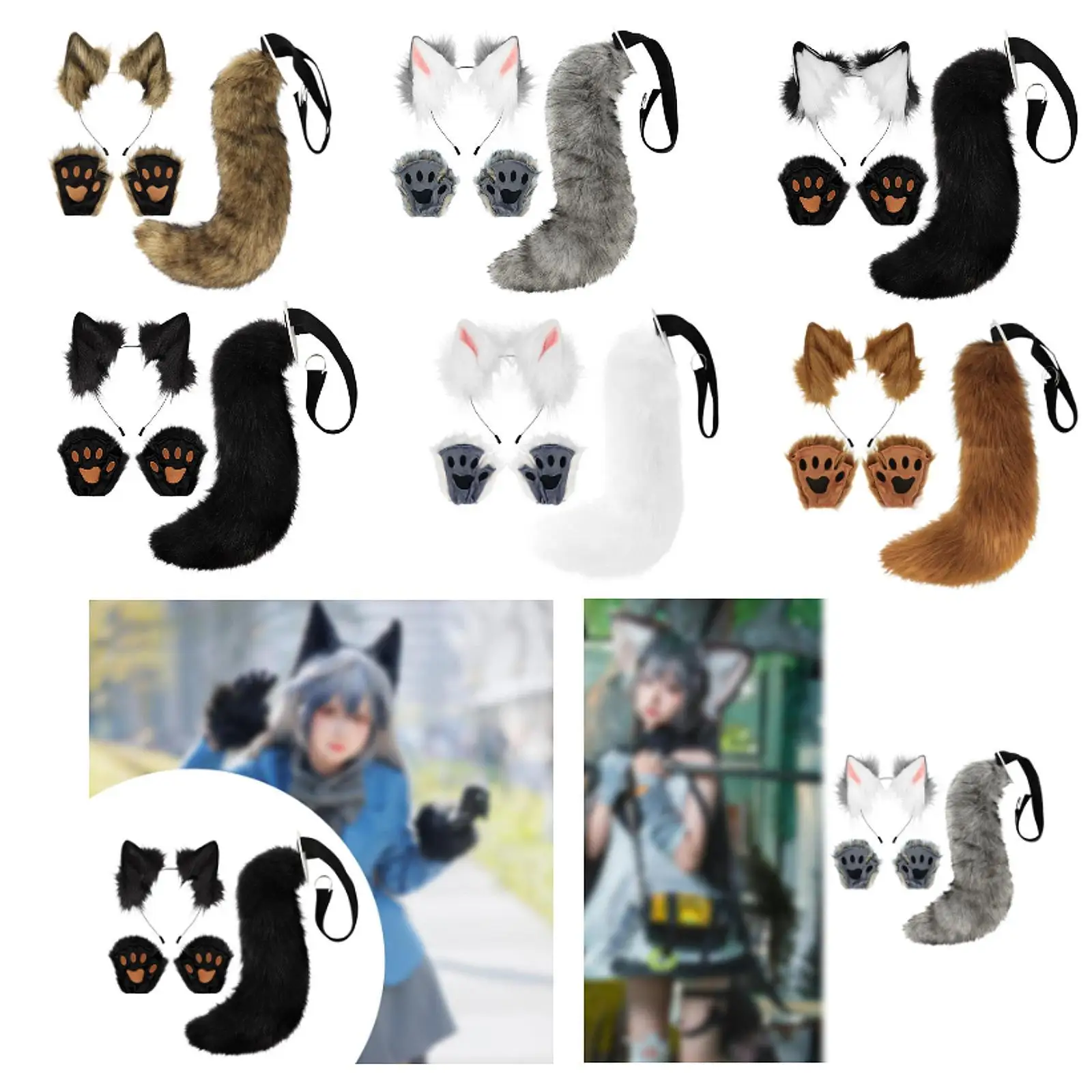 Fox Ears and Tail Set Fancy Dress for Women Girls Beast Claw Props for Night Club Prom Holiday Stage Performance Photo Props