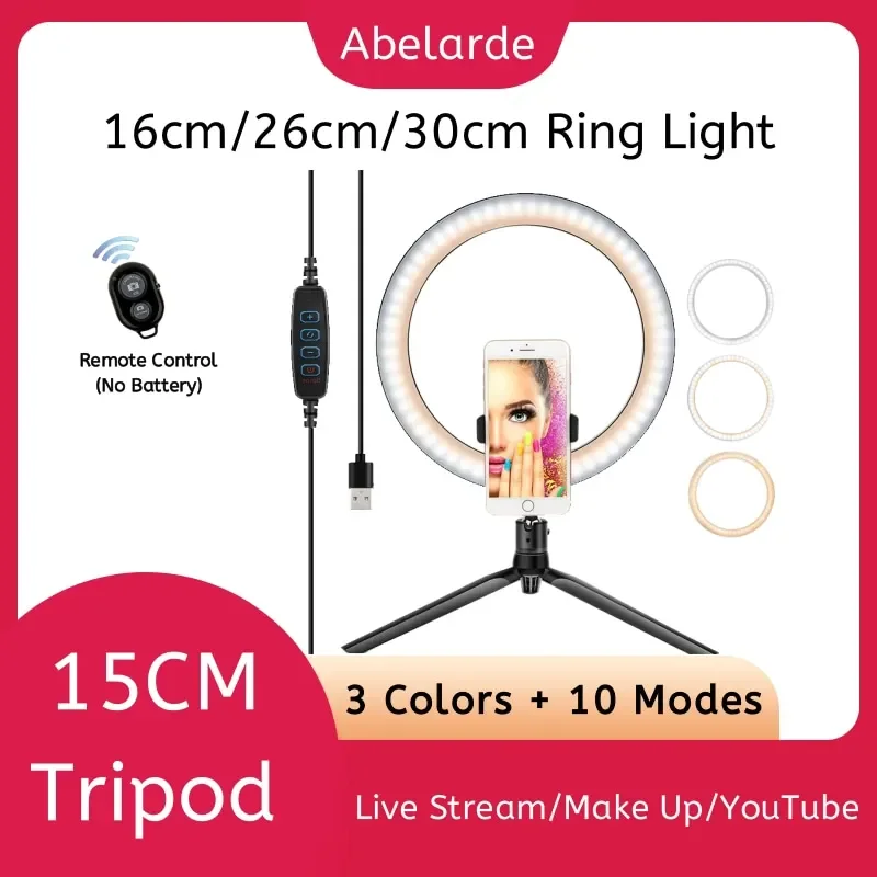 

16cm/26cm/30cm Photo Ringlight Led Selfie Ring Light Phone Remote Control Lamp Photography Lighting with Tripod Stand Holder