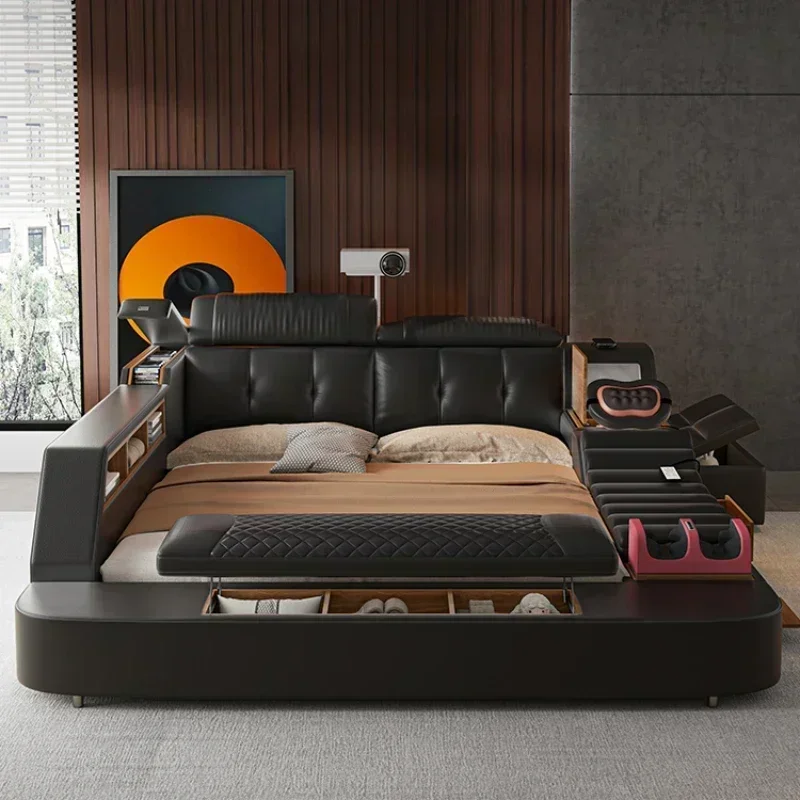 Ultimate Genuine Leather Bed With Massager, Safe, Speaker, Dresser And Projector For Bedroom Multifunctional Tech Smart Beds