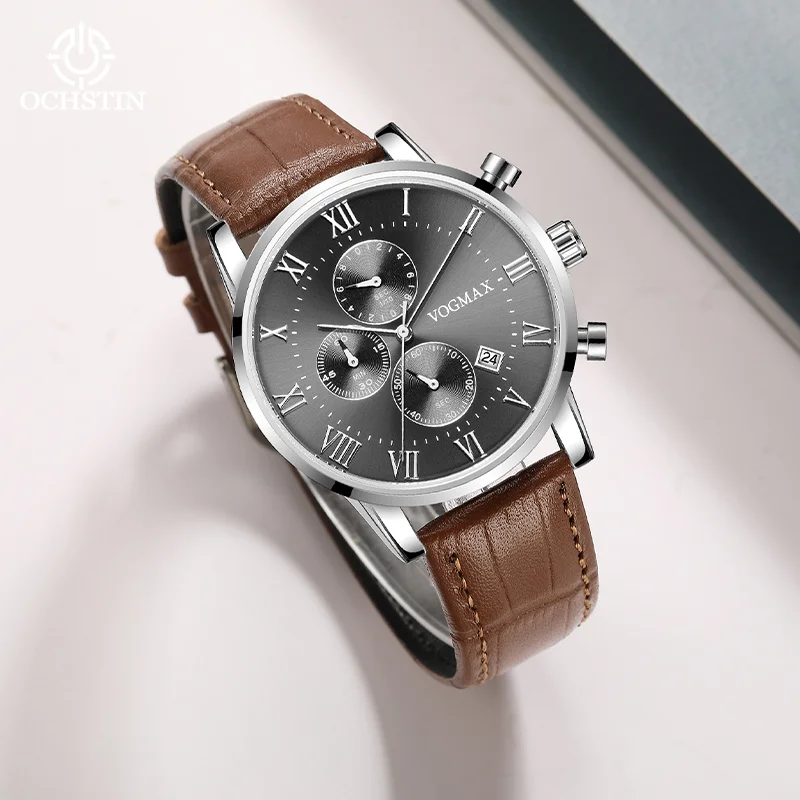 OCHSTIN Male Fashion Quartz Chronograph Watch Genuine Leather Strap Mineral Glass Waterproof Daily Casual Luxury Wristwatch