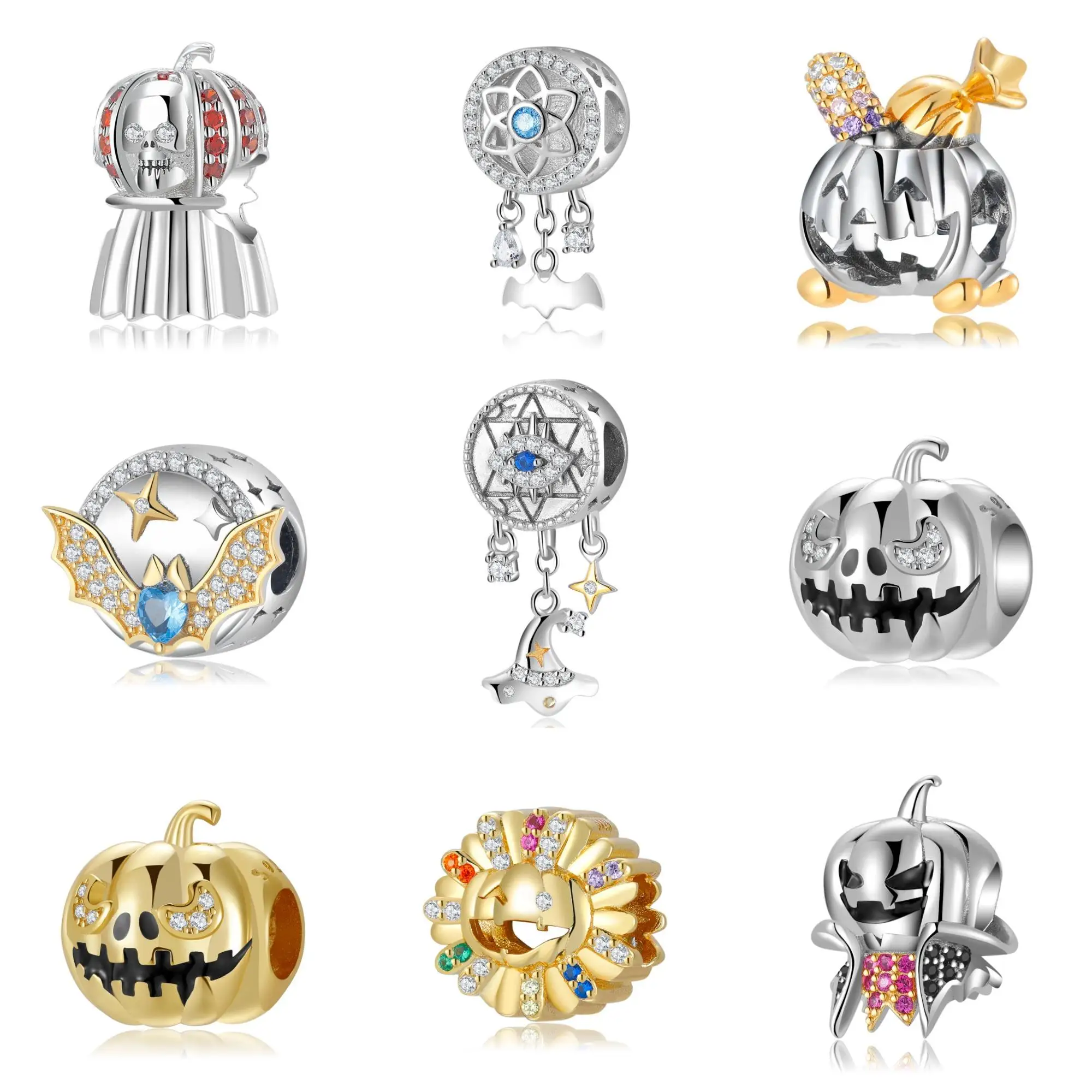 Halloween Theme Pendants Charms Evil Pumpkin Bat Skull 925 Sterling Silver Fine Pendant Fit Original Charm Bracelet Jewelry