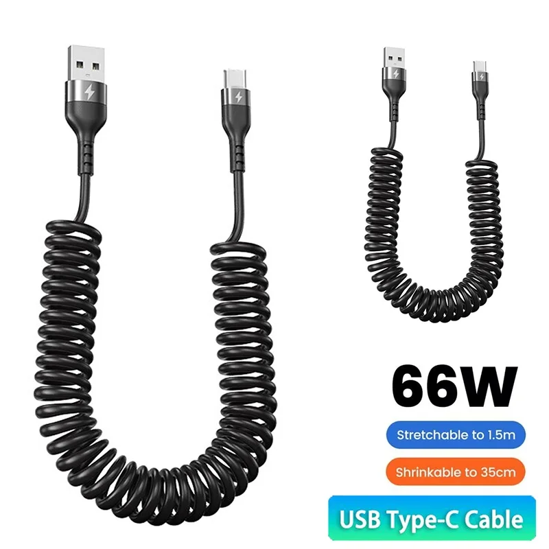 5A 66W USB Type-C Spring Telescopic Data Cable Fast Charging Car USB Data Charging Cable Accessories For iPhone Xiaomi Samsung