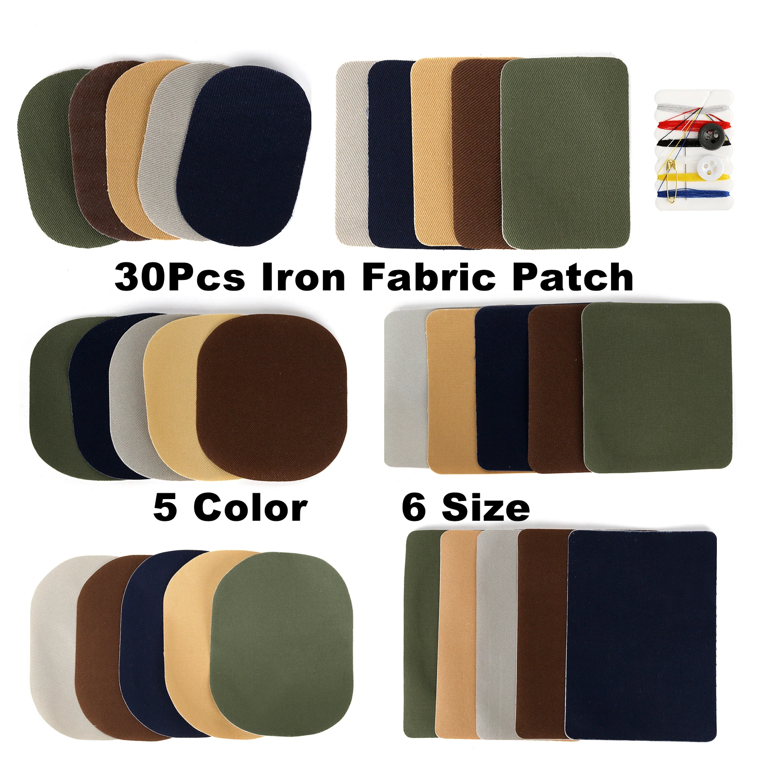 

30Pcs/Lot Iron Fabric Patch With Sewing Kit Multipurpose Hot Melt Adhesive Patch Repair For DIY,Clothes,Jeans (5 Color, 6 Size)