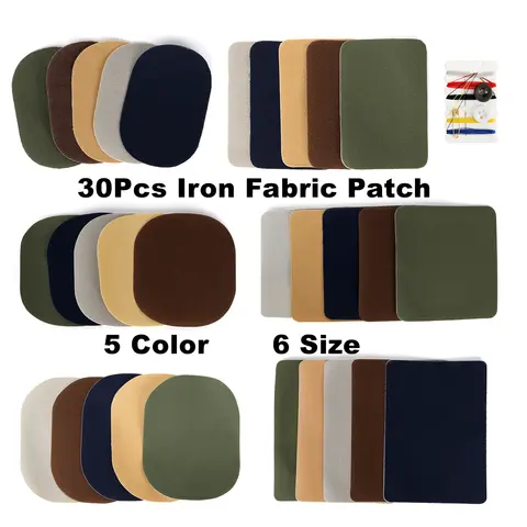 Patch Adhésif en Fer avec Kit de Couture, Polyvalent, Thermofusible, Réparation pour Bricolage, Vêtements, Jeans (5 Documents, 6 Tailles), 30 Pièces/Lot