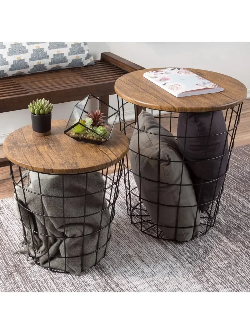 Nesting End Tables with Storage- Set of 2 Round Metal Baskets By Lavish Home (Chestnut)