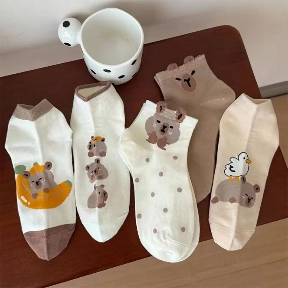 5Pairs Antiskid Cartoon Capybara Socks Non-Slip Dot Capybara Mid-tube Socks Breathable Thin Socks Women Women