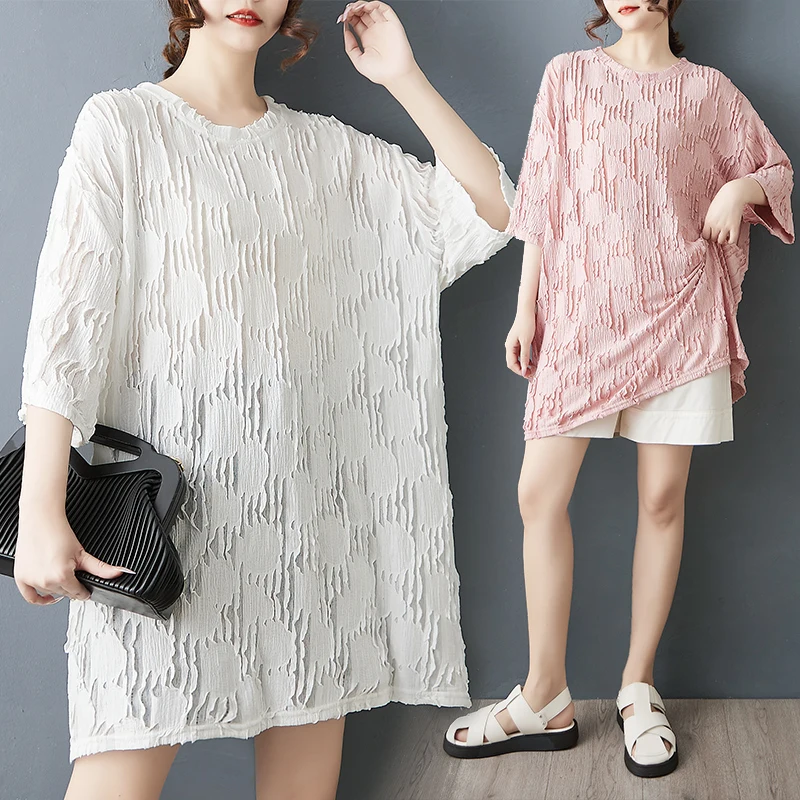 

Laid-ba Sle Summer Design Large Size Women's T-irt ort Sve Hole Texture Top Comfortable Loose Fit round Ne