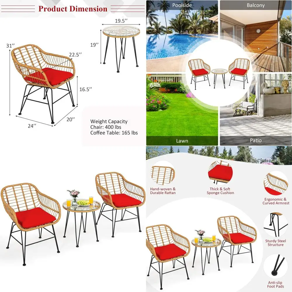 

3-Piece Outdoor Patio Bistro Set with Cushioned Armchairs and Glass Top Coffee Table