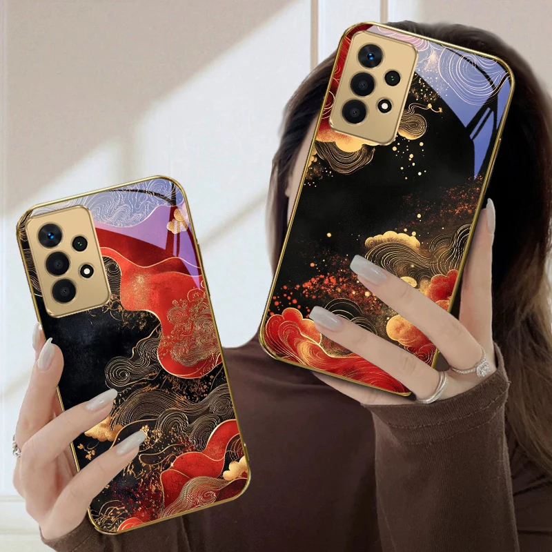 Red vortex pattern For Samsung A36 A35 A34 A33 A32 A31 A26 A25 A23 A22 A21s A73 A72 A71 A42 A56 A13 16 Golden glass phone case