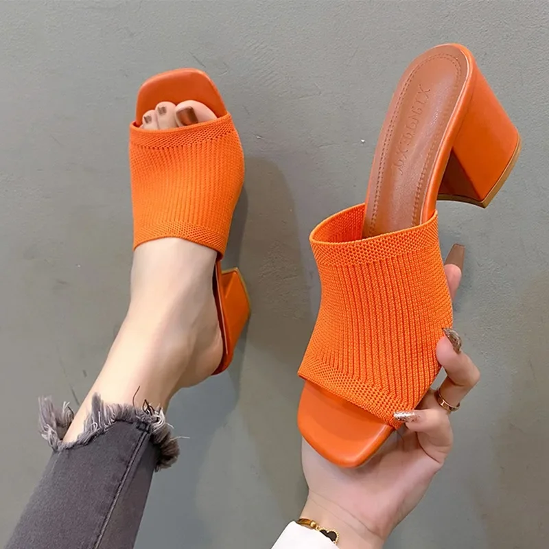 Knitting High Heels Slippers Women Shoes Summer Peep Toe Dress Sandals 2024 Fashion New Beach Chunky Walking Zapatos Femme Pumps