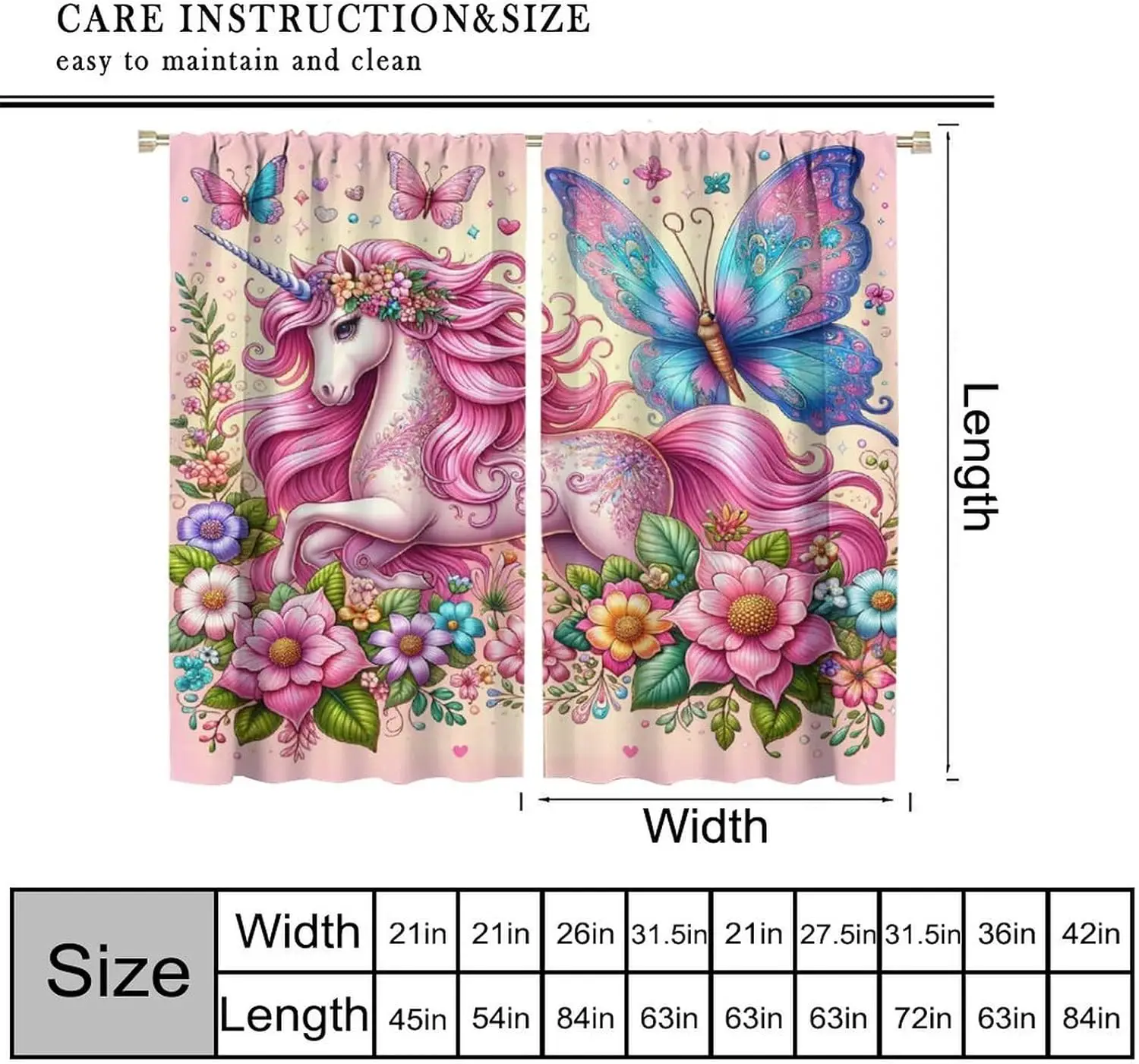 Fantasy Kids Unicorn Curtain Pink Horse Butterfly Flower Unicorn Blackout Window Treatment for Kids Boy Girl Bedroom Living Room