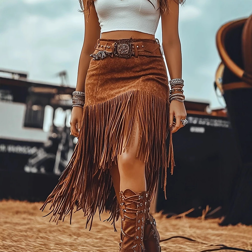 Women's Boho Western Faux Suede Fringe Skirt Vintage High Waist Irregular Tassel Hem Summer Music Festival Fashion Mini Skirts