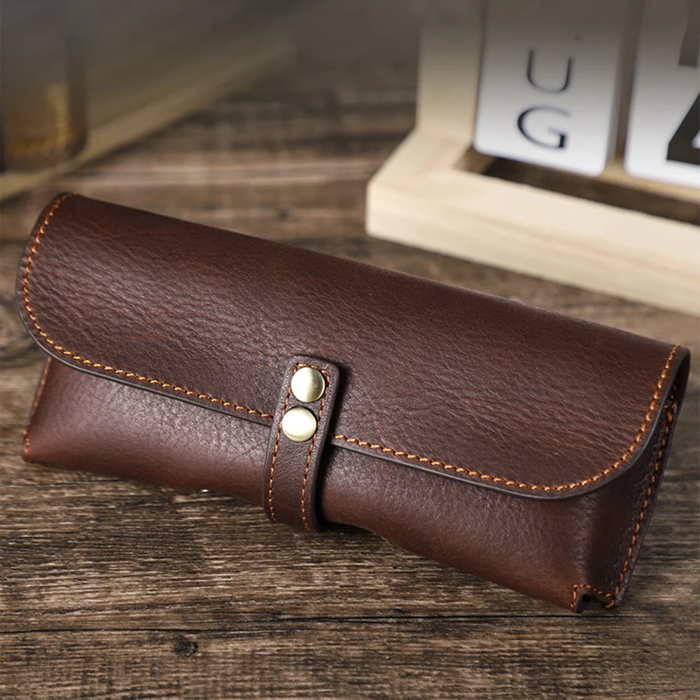 Vintage Glasses Soft Case Crazy Horse Cowhide Eyewear Case Snap Travel Portable  Brown Box Genuine Leather Sunglasses Organizer