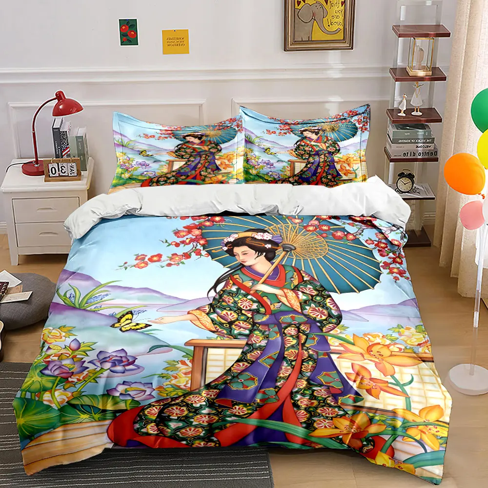 

Woman in kimono with flowers Print Bedding Set 1 Duvet Cover 2 Pillowcases for Adult and Children Luxury Gift Full Size