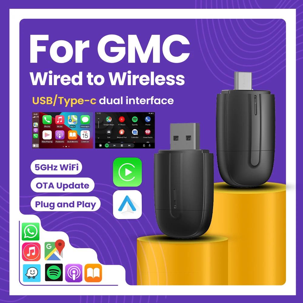 Wireless Android Auto Adapter CarPlay Adapter USB Type-c Plug and Play Bluetooth 2 In 1 For GMC Canyon Sierra Sierra HD Yukon