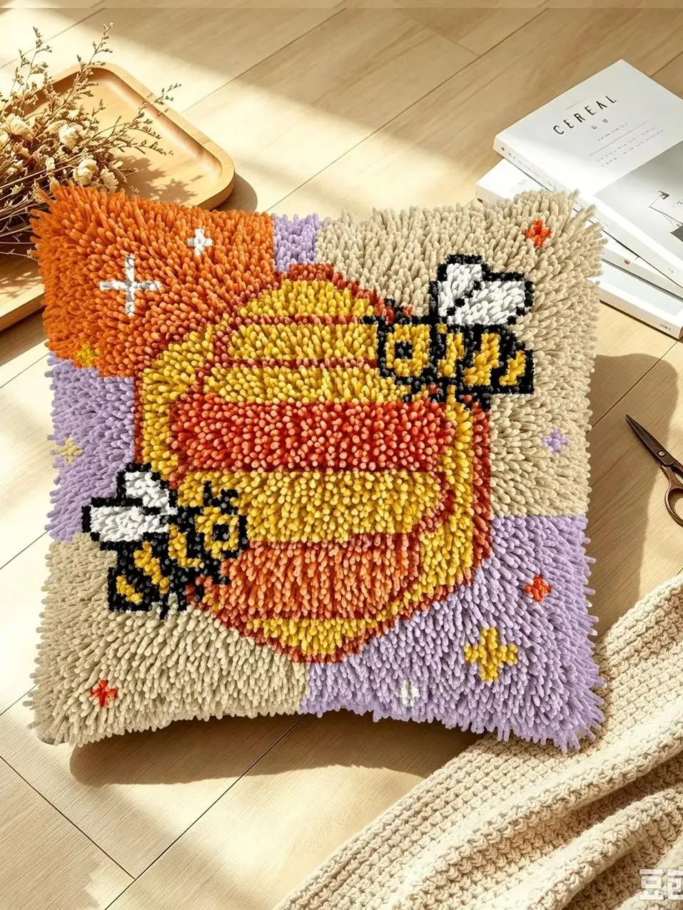 1 Set Wabenförmiges Bienenknoten-Kissen-Set mit Häkelhaken für Handarbeiten, Anfängerfreundliches DIY-Kit – Detail 1