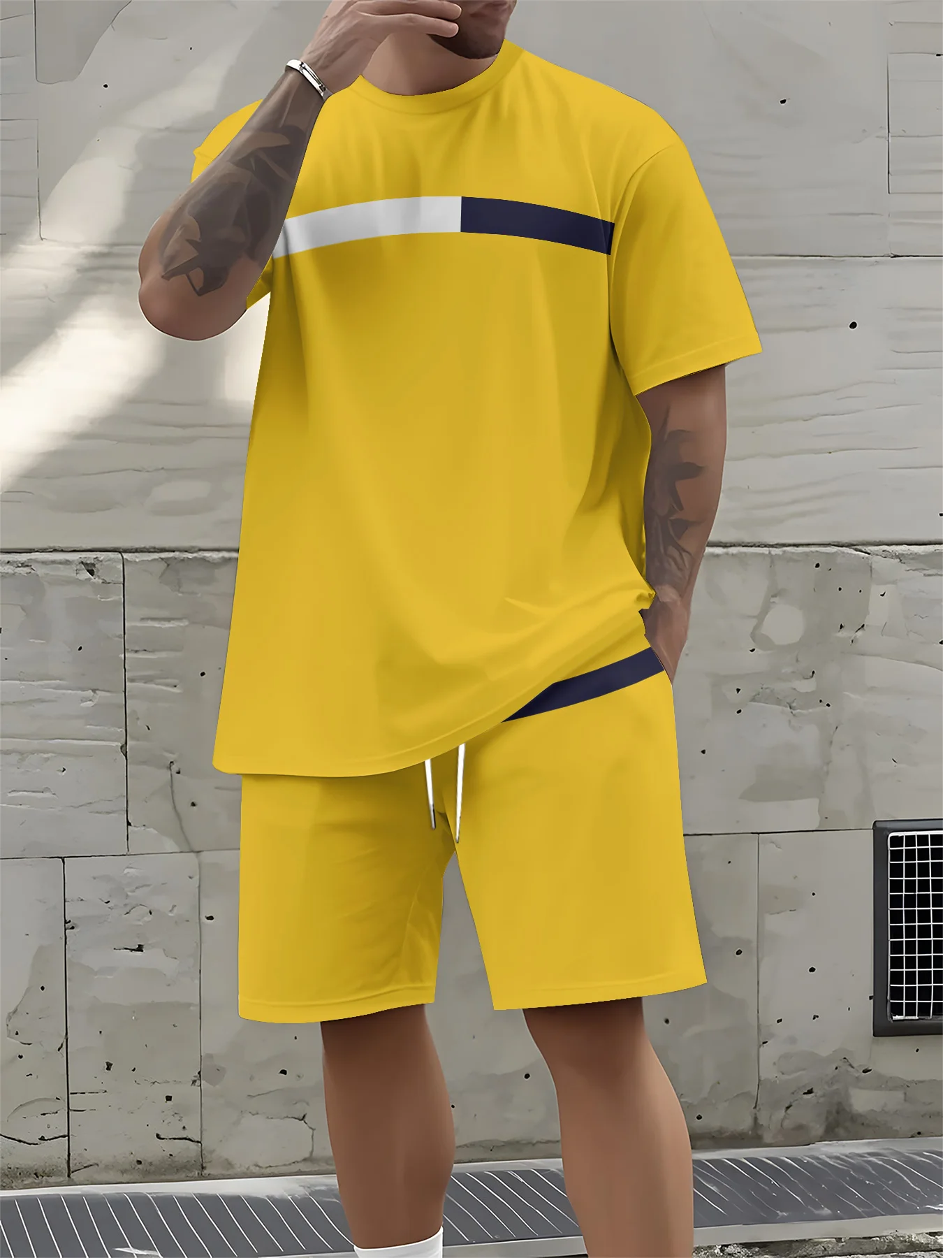 

2026 Summer New Men's Short-Sleeved Set with 3D Stripes Pattern Print - Street Casual Fashion Comfortable and Breathable