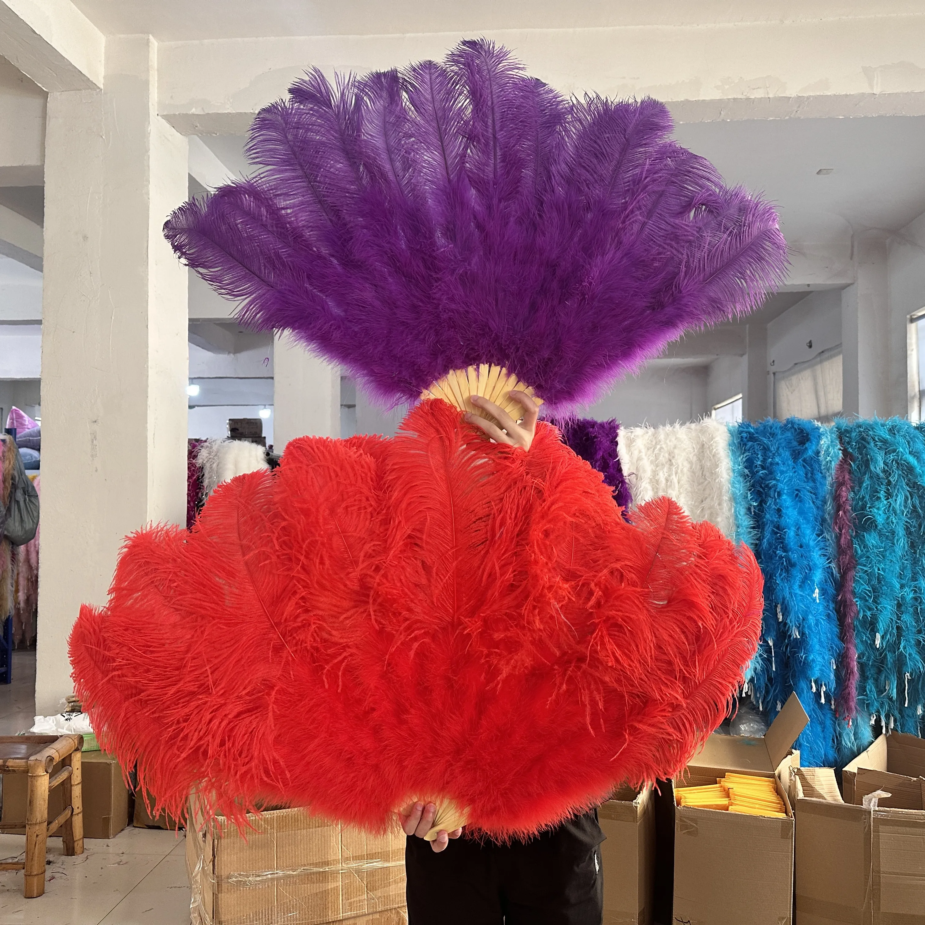 

13 Bones Red Big Ostrich Feather Fan Hand Held Folding Colored Plume Fans perform Dance Party Wedding Show Props Decoration