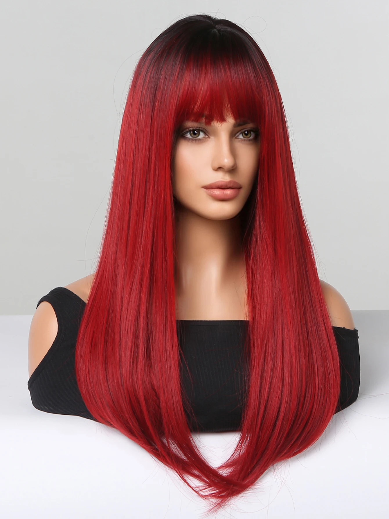 HAIRCUBE Wig sintetis lurus Ombre hitam merah panjang untuk wanita Wig merah dengan poni Wig serat tahan panas pesta Cosplay