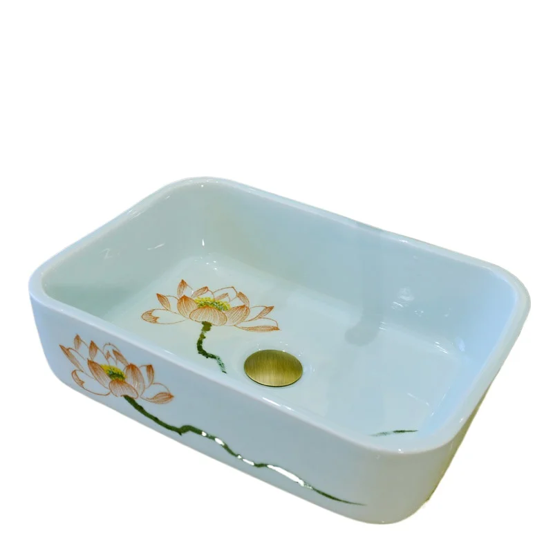 

Hand-painted lotus art on the stage, creative ceramic hand washbasin, bathroom balcony washbasin