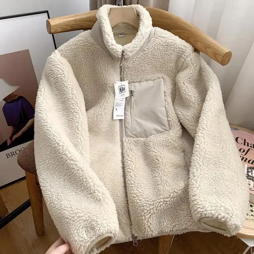 

Classic Jacket for Women Full Zip Stand Collar, Contrast Nylon Chest Pocket, Cozy Fleece Outerwear In Beige