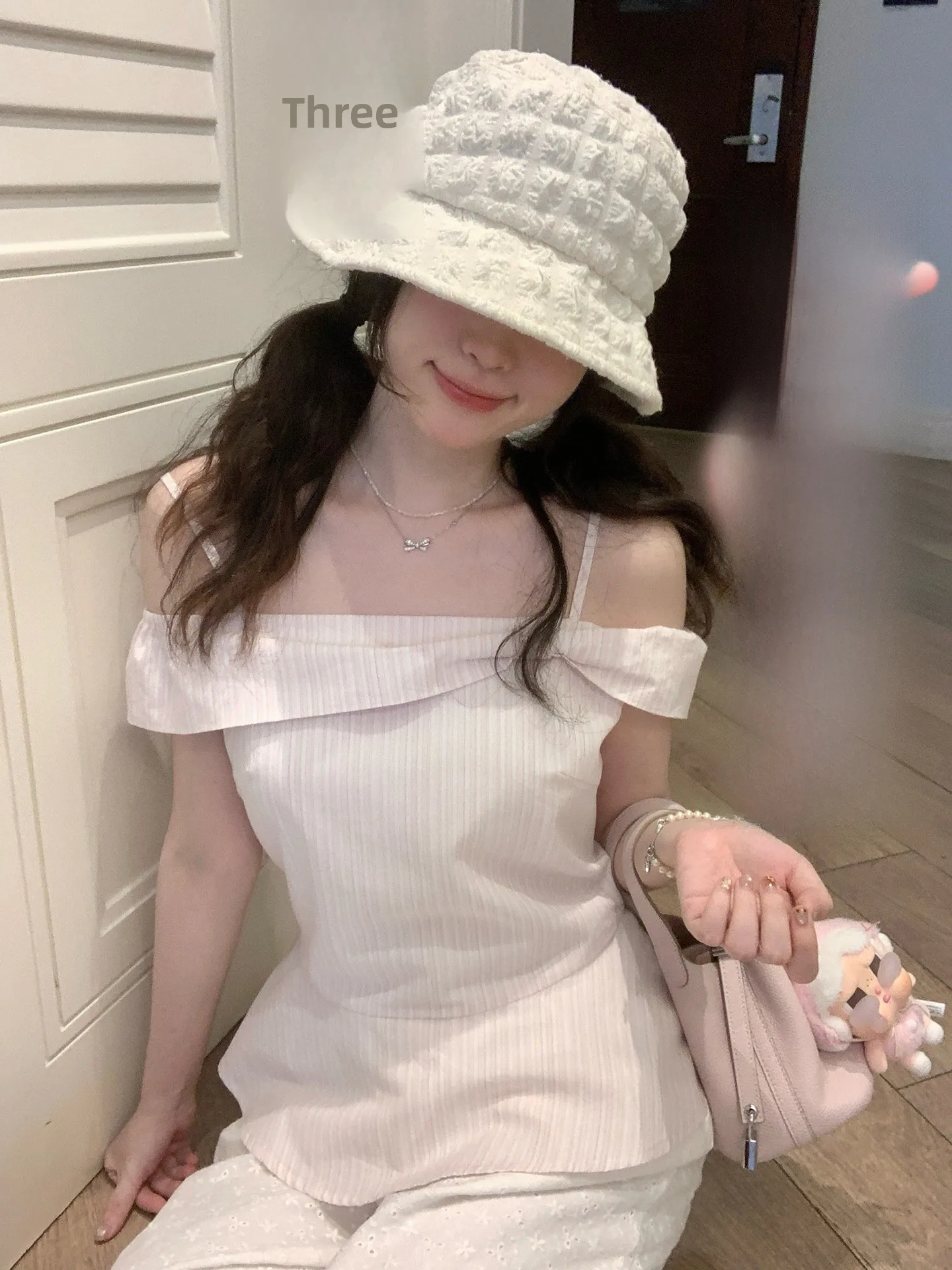 

PtonUmi Women's Slim Fit One oulder Striped irt Frosting Pink Stripe Casual Summer Top Knot Design