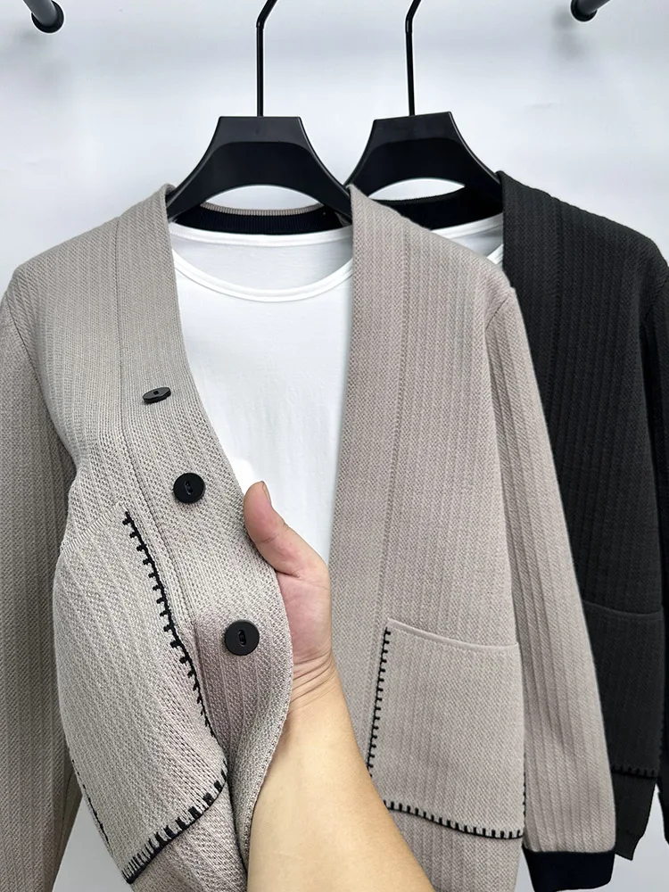 

Мужской вязаный кардиган с V-образным вырезом, приталенный, модный, однотонный, повседневный, трикотажный свитер