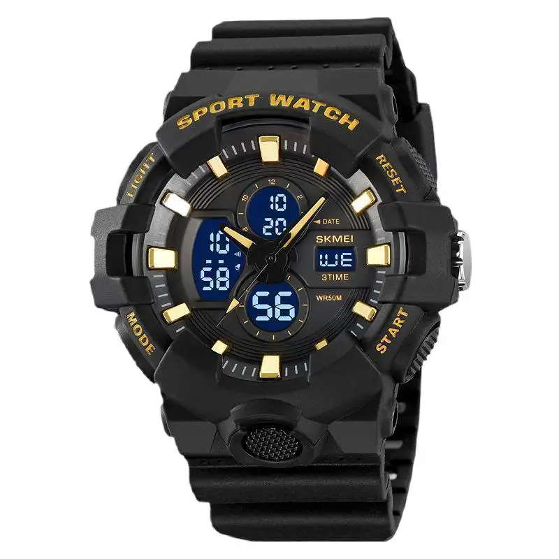 ساعة SkmeiMen الرياضية الخارجية الإلكترونية متعددة الوظائف بعرض مزدوج مضيئة مقاومة للماء بحركة مزدوجة إلكترونية
