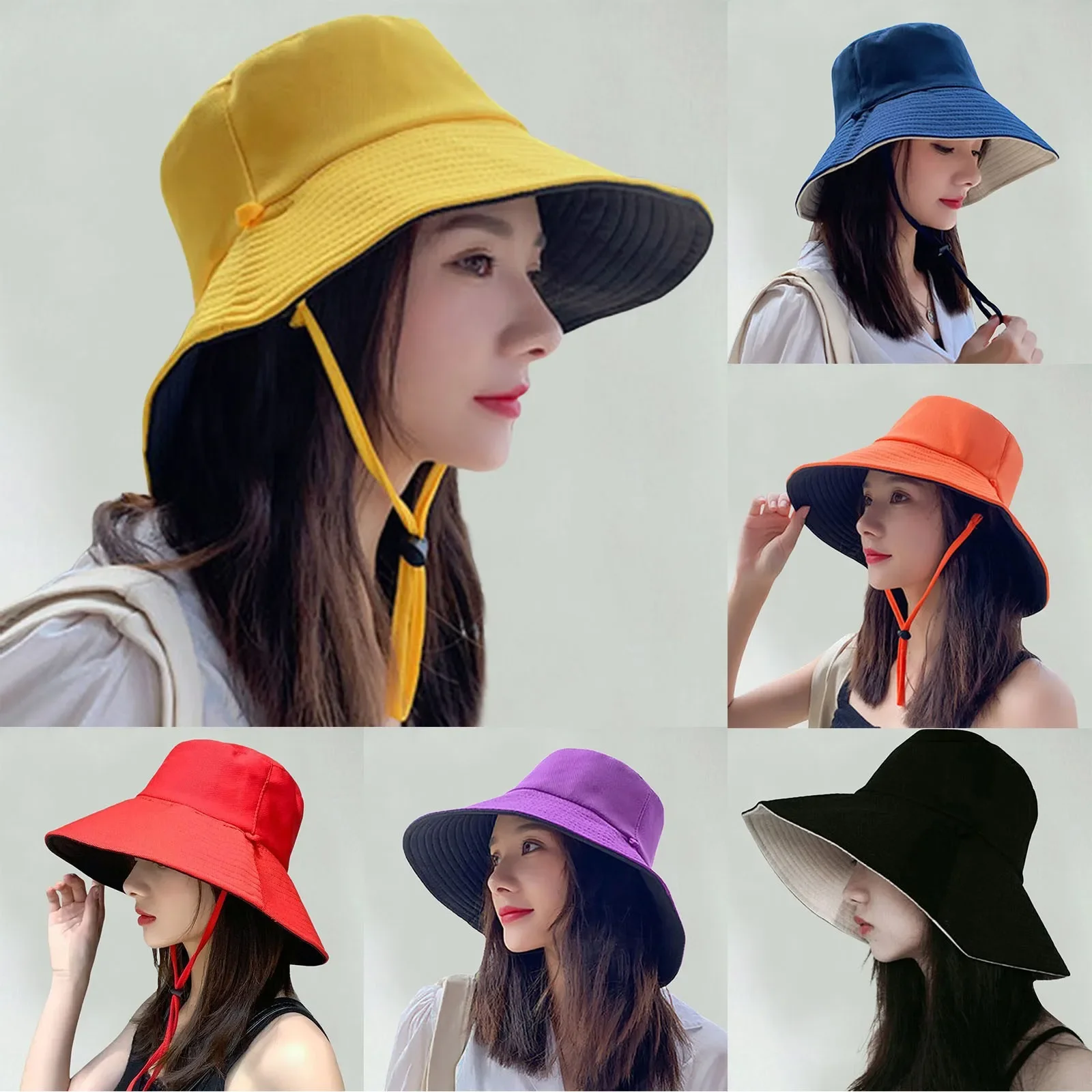 Summer Double-sided Bucket Hats Fashion Big Brim Foldable Solid Sun Hat Women Outdoor Beach Visor Caps Fisherman Cap for Travel