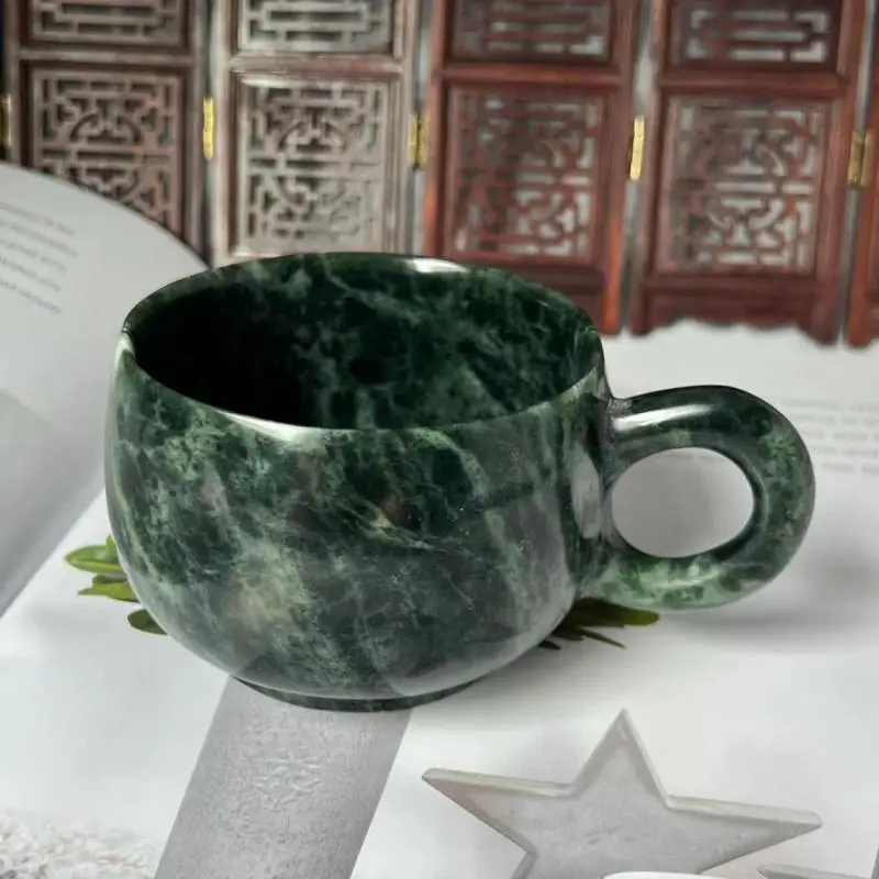 Natural Dark Green Jade Teacups Health Stones Mug Chinese Tibetan Medicine King Stone Magnetic Jade Mugs Water Milk Coffee Cup
