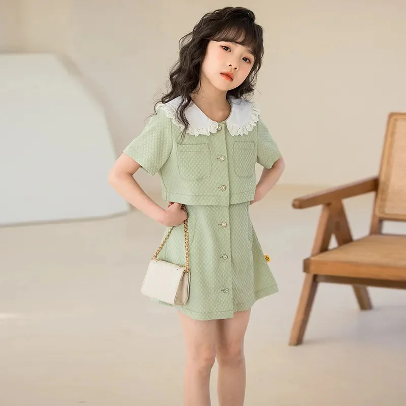 7 8 9 10 11 12 13 14 Years Old Big Girl Baby Clothes Sets Summer Short Sleeve Tee Tops+Bottoms Skirt 2pcs Outfits Clothing Suits