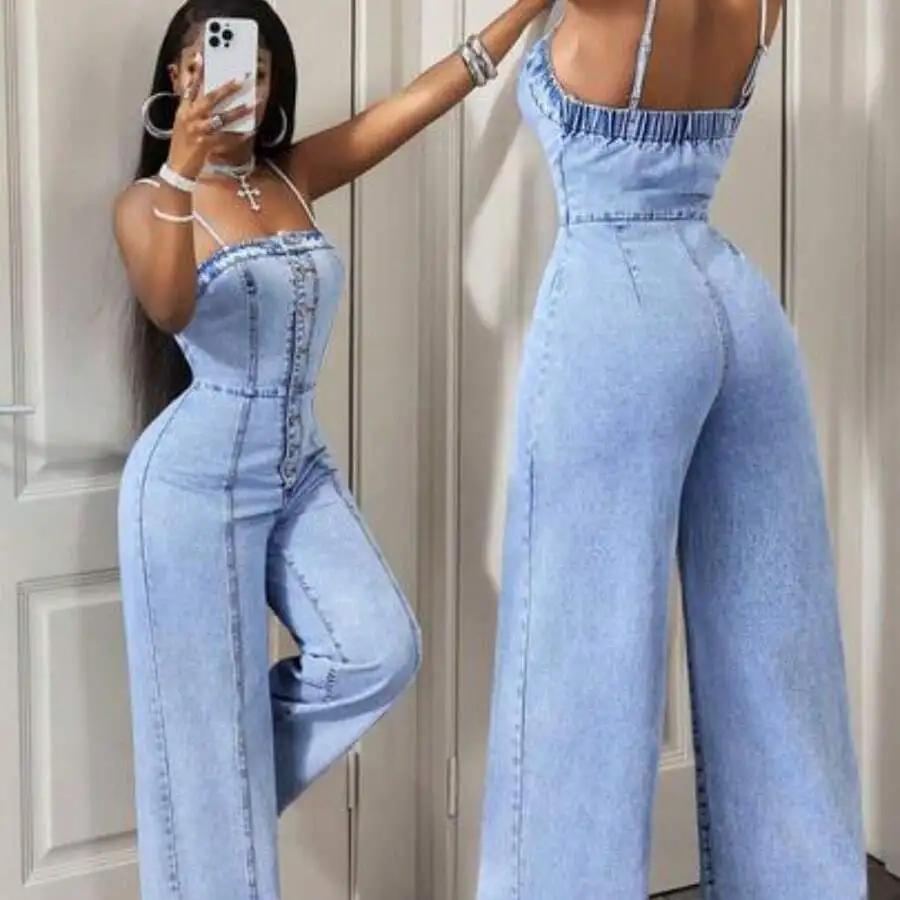 

Womens Front Button Strap Denim Jumpsuit Sleeveless Wide Leg