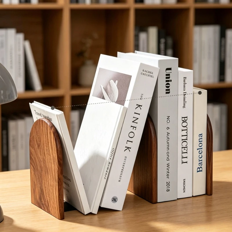 A Pair of Beechwood / Walnut Wood Bookends Desktop Book Organizers Book Stopper - School & Office Accessories Book Stand Holder