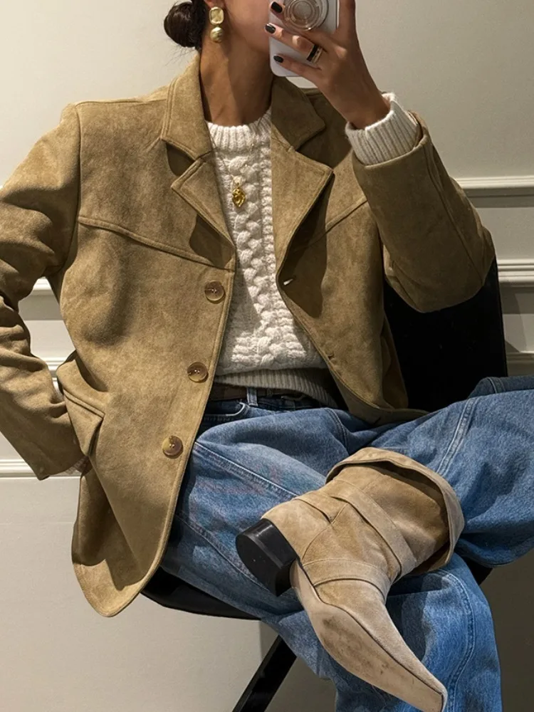 

Жилет из искусственной замши в стиле ретро, женский повседневный костюм на одной пуговице, дэт, осенний новый костюм для поездок на работу, обычная длина