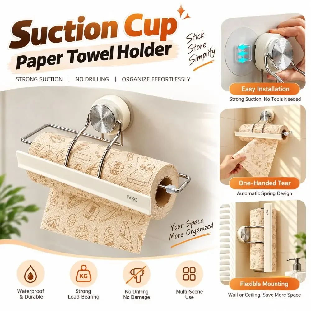 Suction Cup Paper Towel Holder No Drilling Installation Home Storage Kitchen Paper Holder Automatic Paper Locking