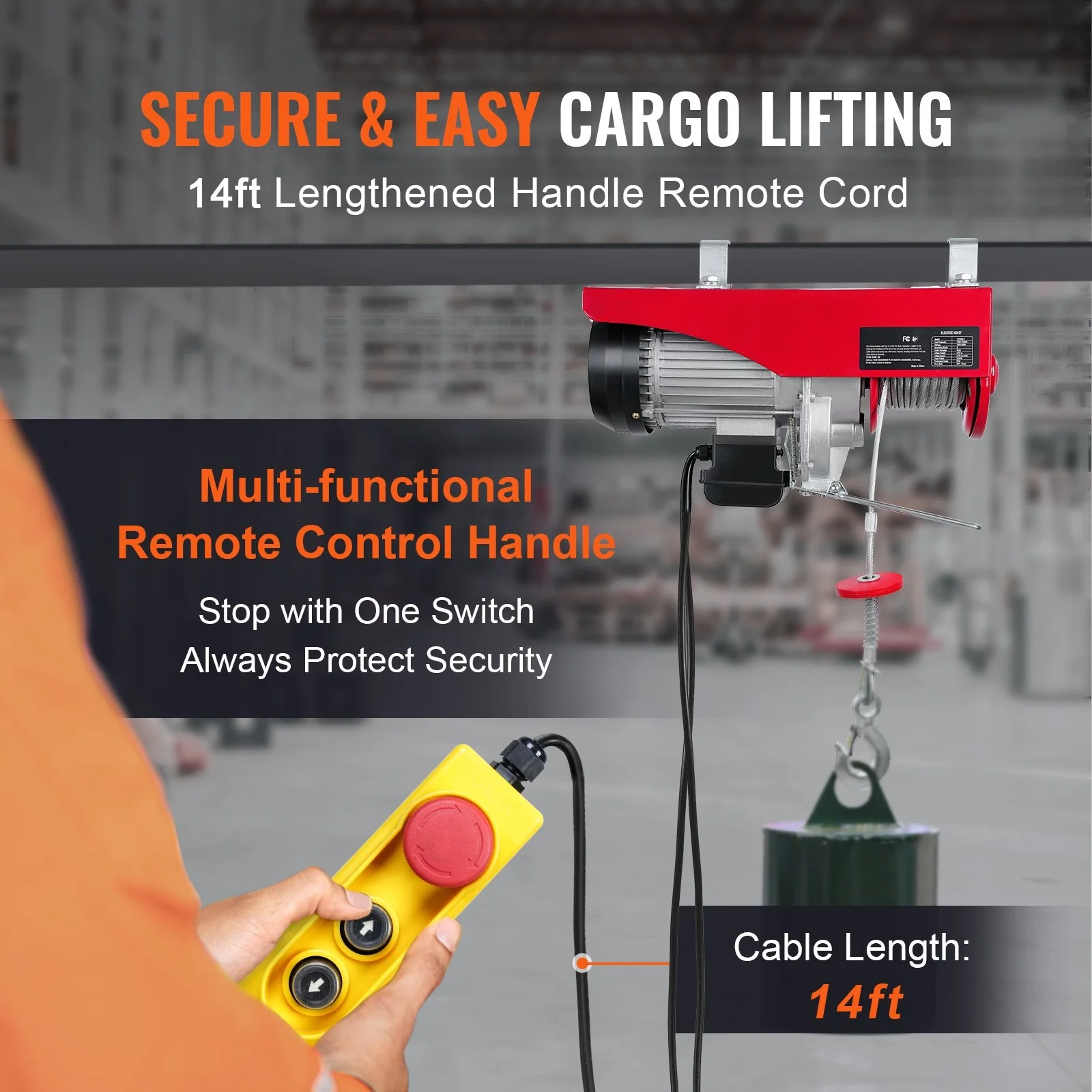 Electric Hoist 440 lbs/200KG Lifting 480W 220V/110V Electric Steel Wire Winch With 14ft Wired Remote Control Hoist-Lift PA200